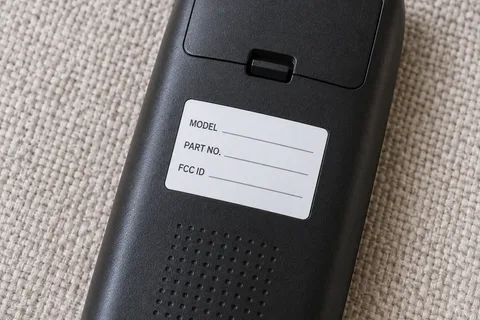 Illustrative close-up of a remote back with its model, part number and FCC ID label area.