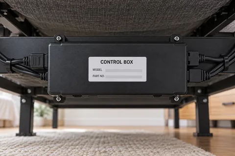Illustrative close-up of a control box mounted under a bed, with its model and part number label.